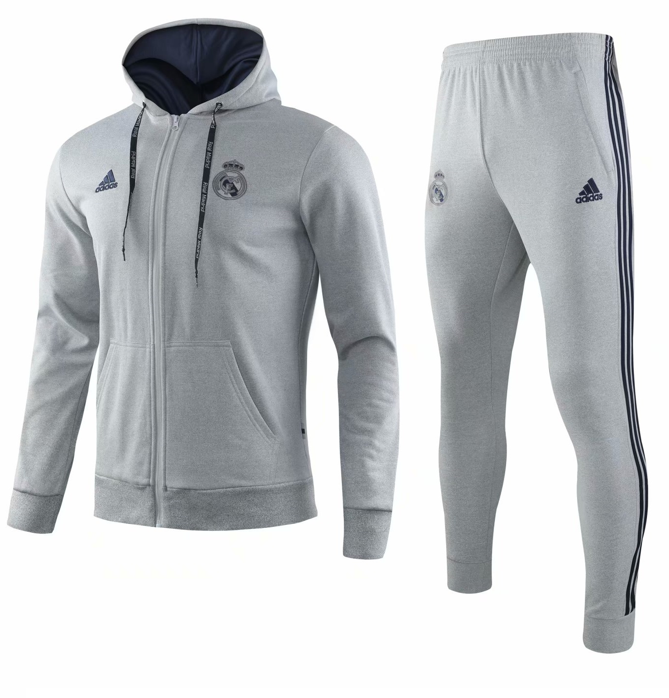 Kit treinamento com capuz oficial Adidas Real Madrid 2019 2020 cinza